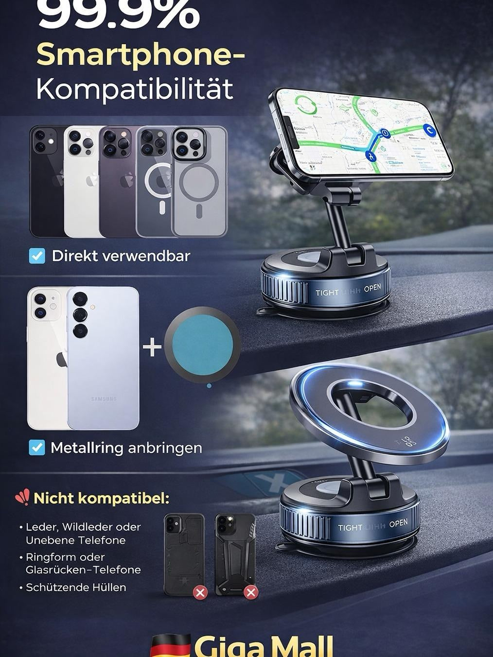 NAVRIXO magnetische Handyhalterung – Smartphone-Kompatibilität und Metallring